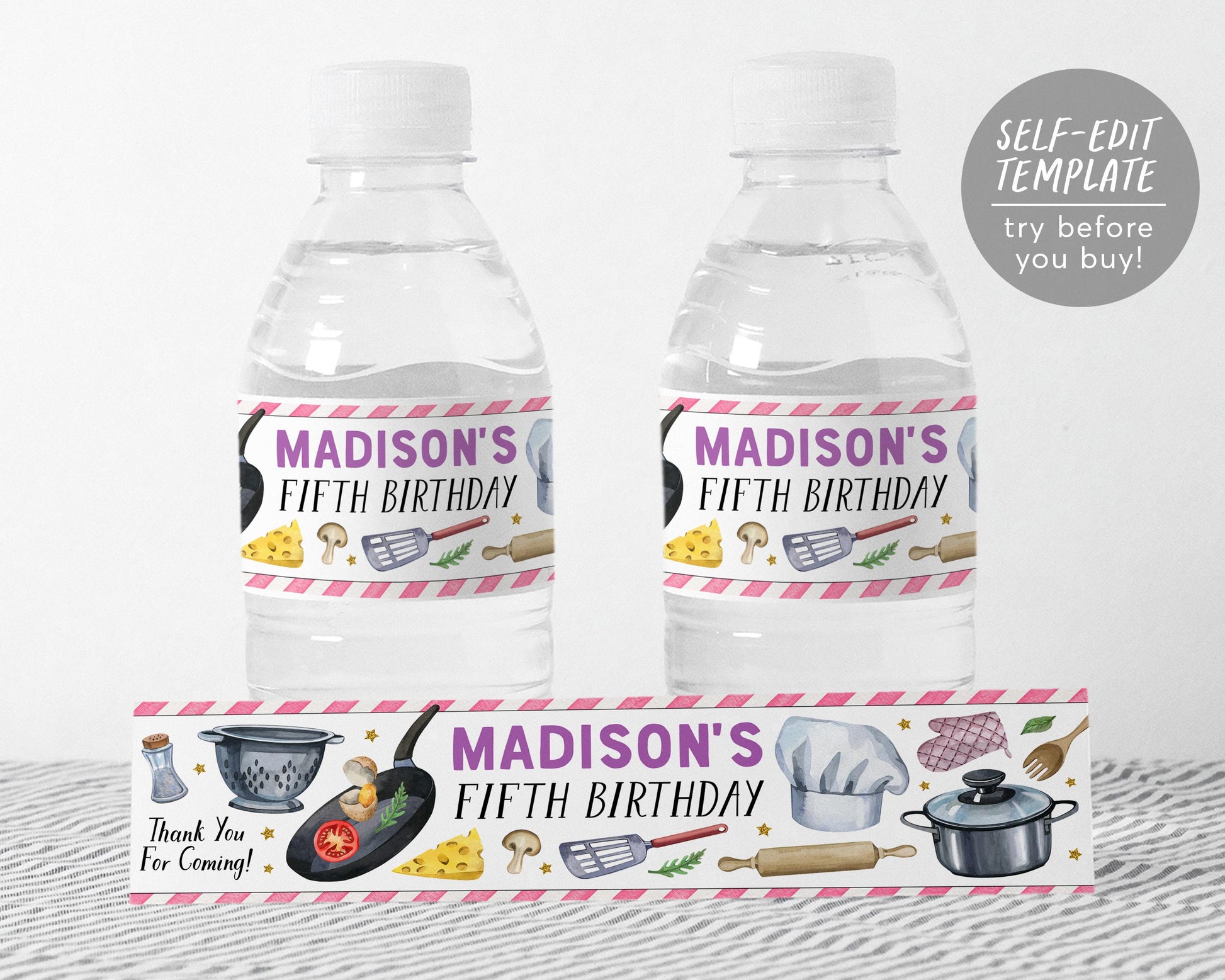 Cooking Party Water Bottle Labels Editable Template