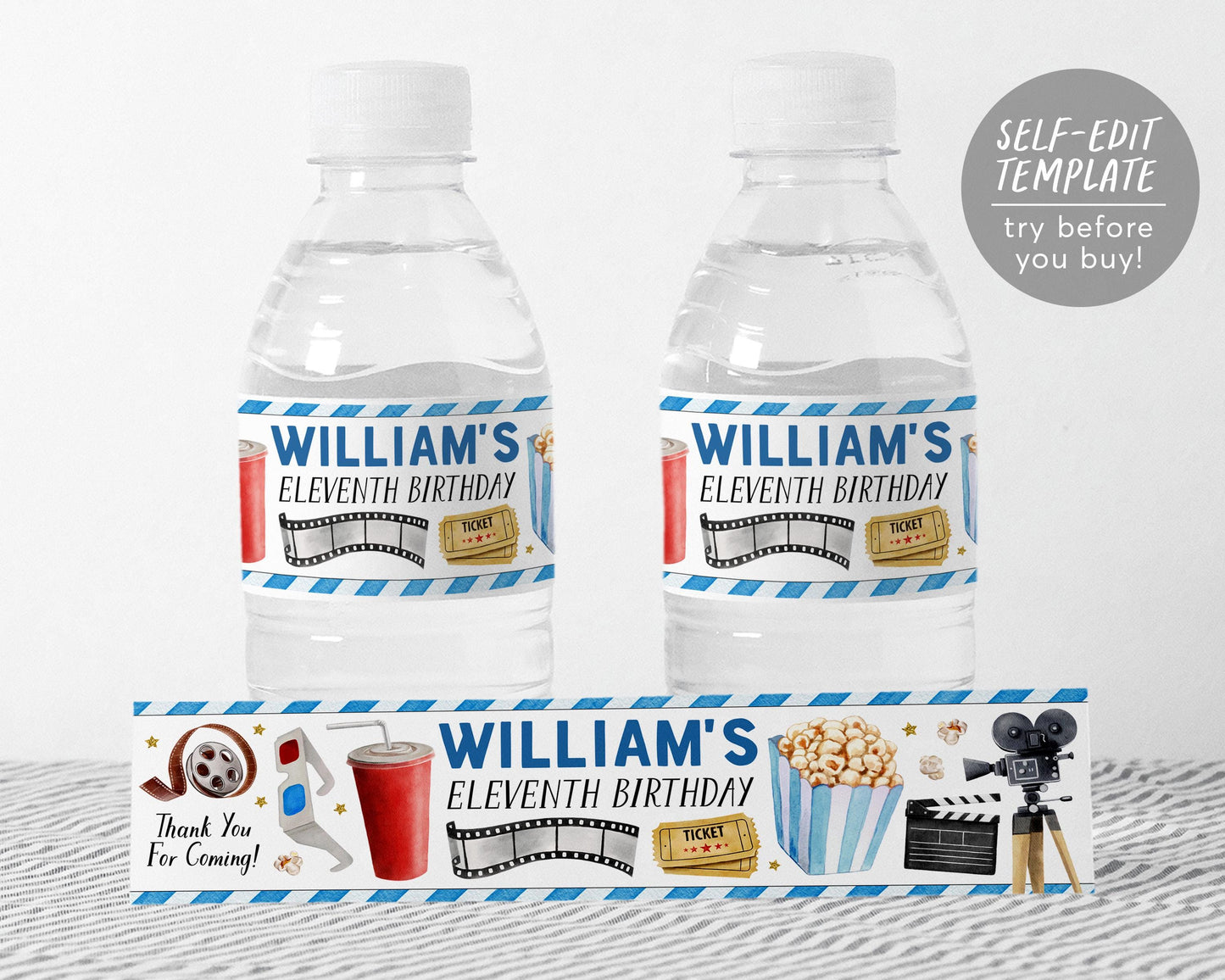 Movie Night Party Water Bottle Labels Editable Template