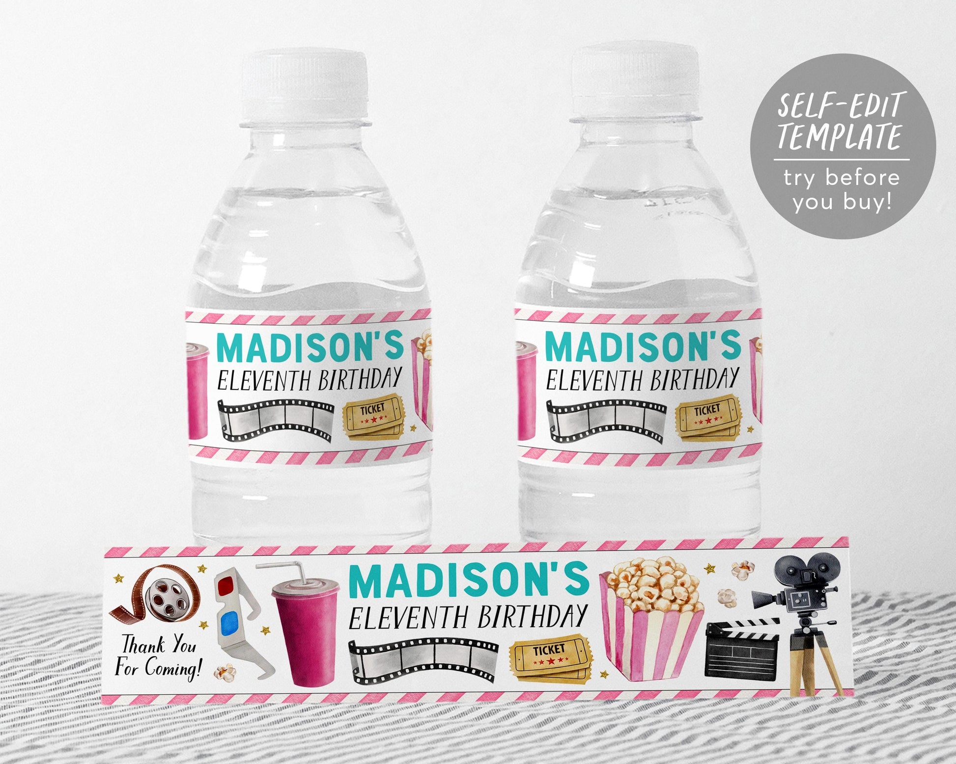 Movie Night Party Water Bottle Labels Editable Template