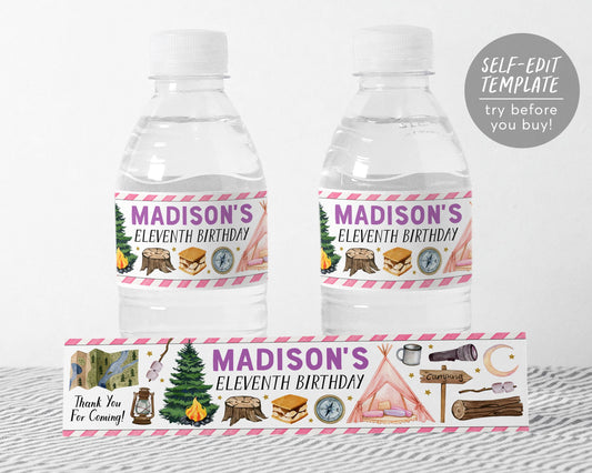 Camping Party Water Bottle Labels Editable Template