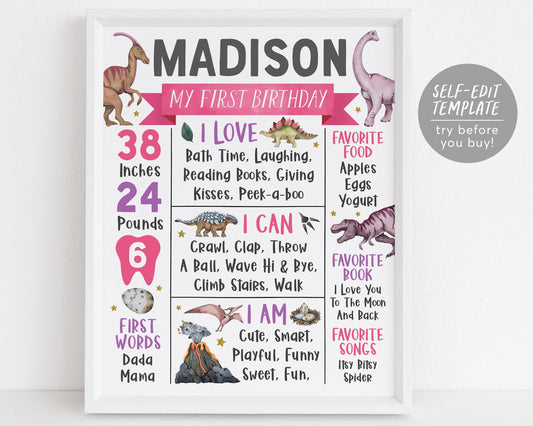 Dinosaur First Year Milestone Sign Editable Template