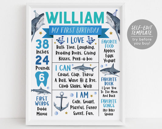 Shark First Year Milestone Sign Editable Template