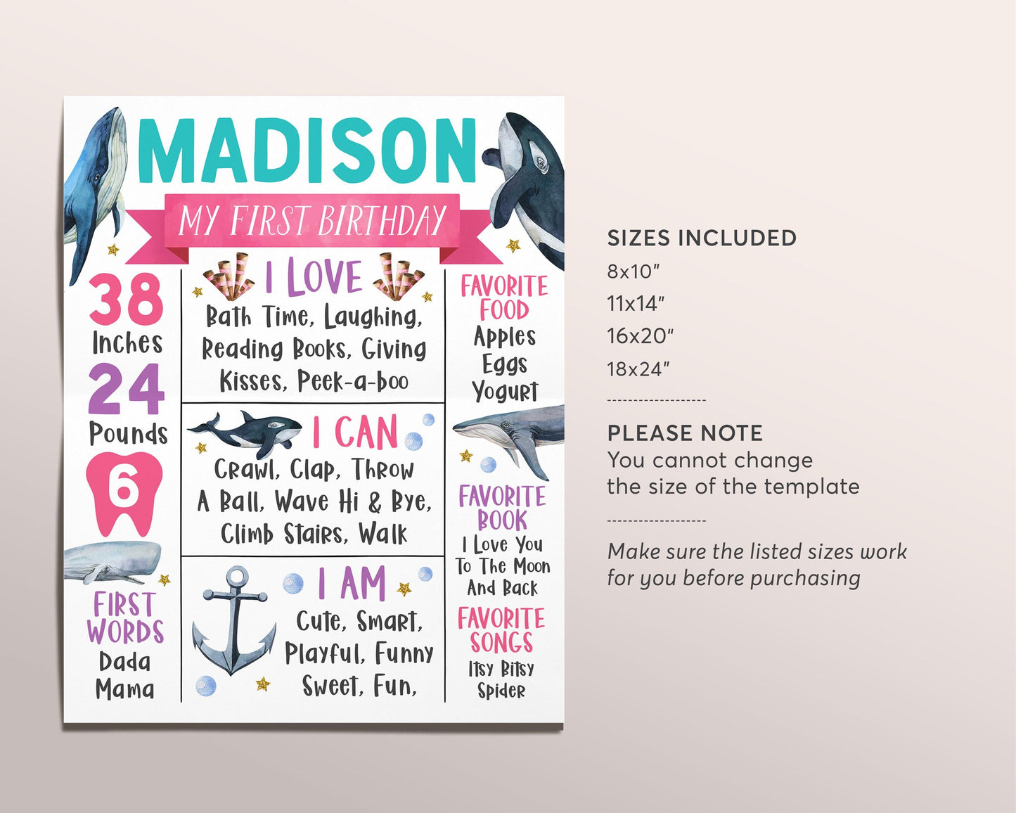 Whale First Year Milestone Sign Editable Template, Girl Under The Sea Birthday Party Birth Stats Poster, Nautical One Year Memory Board Sign