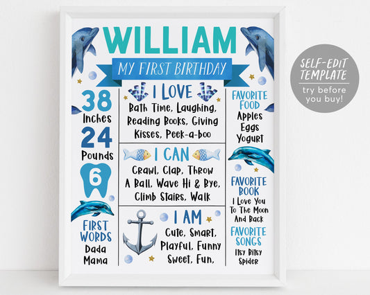 Dolphin First Year Milestone Sign Editable Template