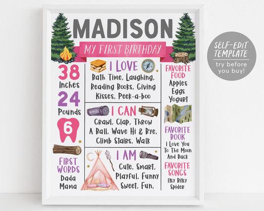 Camping First Year Milestone Sign Editable Template
