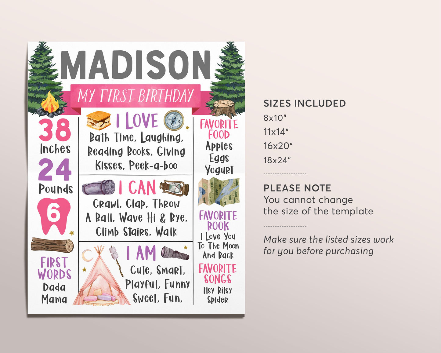 Camping First Year Milestone Sign Editable Template, Girl Woodland One Happy Camper Birthday Party Decor Birth Stat, Glamping Tent One Year