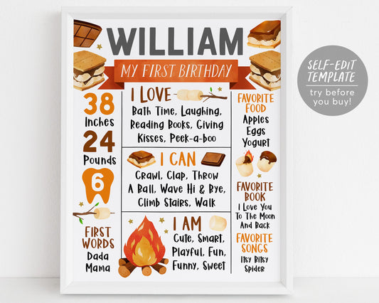 S&#39;mores First Year Milestone Sign Editable Template