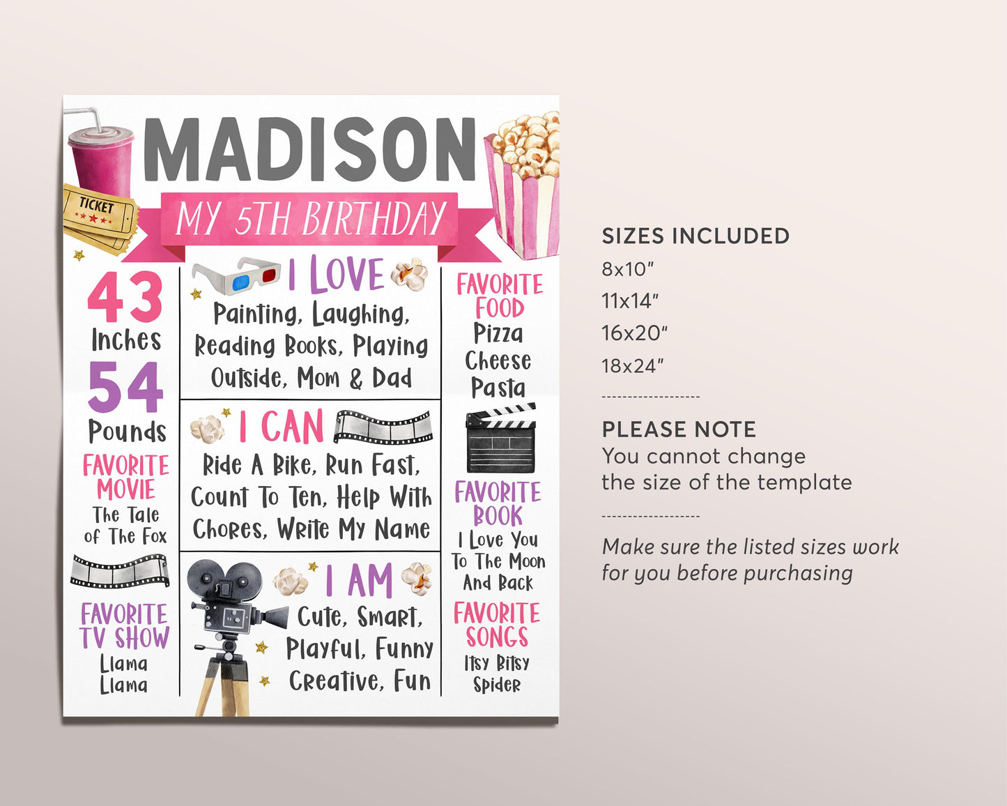 Movie Birthday Milestone Sign Editable Template, Girl Movie Night Theme Decor Party Birth Stats Poster, Cinema Theater Party One Year Board