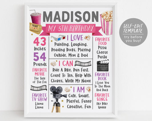 Movie Birthday Milestone Sign Editable Template pink
