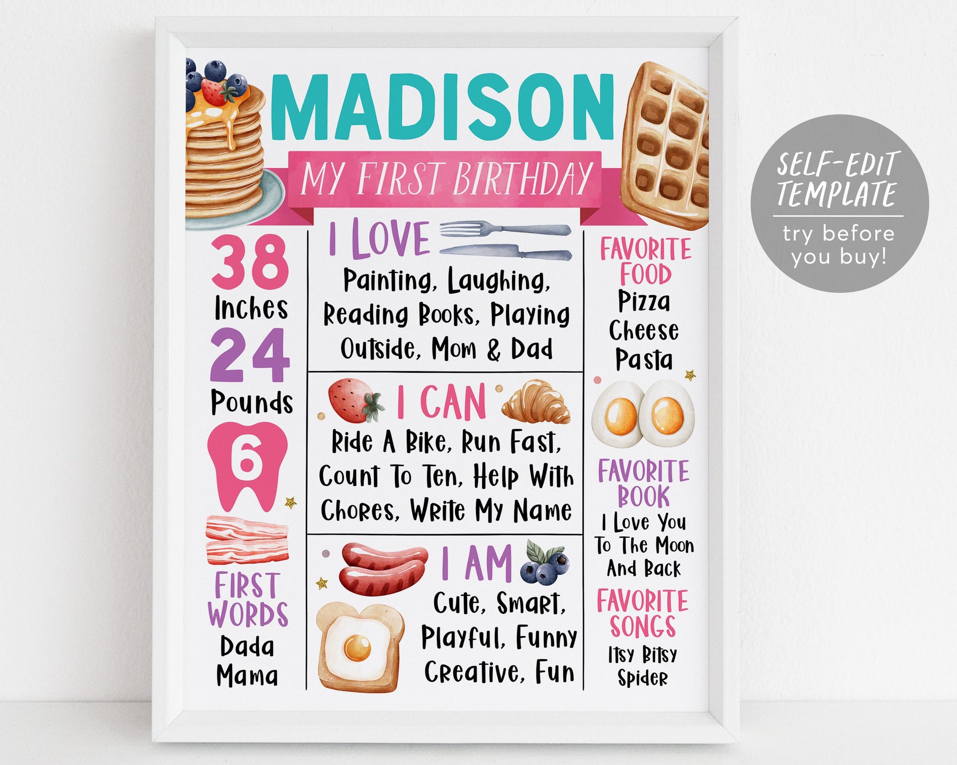 Breakfast Brunch First Year Milestone Sign Editable Template