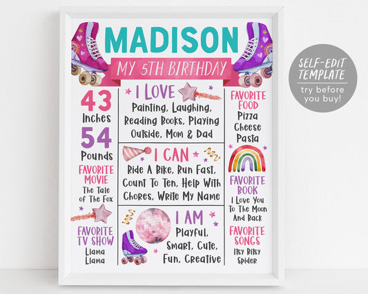 Roller Skating Birthday Milestone Sign Editable Template