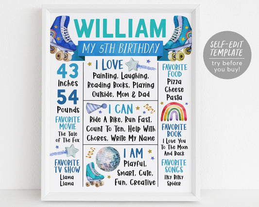 Roller Skating Birthday Milestone Sign Editable Template