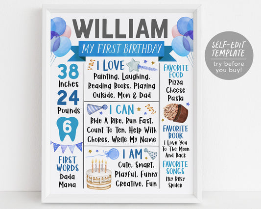 Birthday First Year Milestone Sign Editable Template