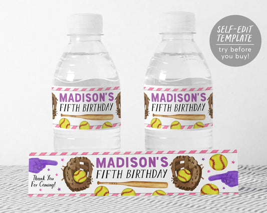 Softball Water Bottle Labels Editable Template