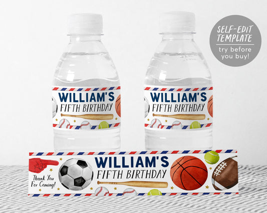 All Star Sports Water Bottle Labels Editable Template