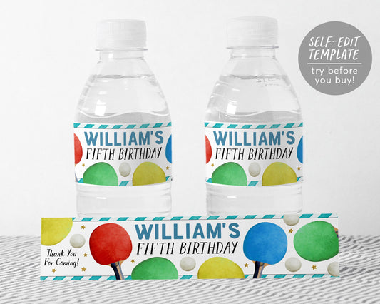 Ping Pong Water Bottle Labels Editable Template