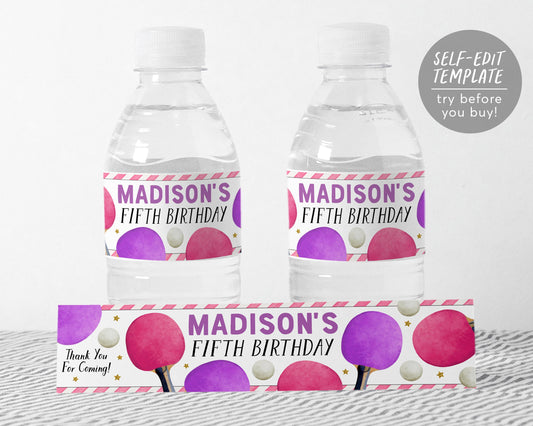 Ping Pong Water Bottle Labels Editable Template