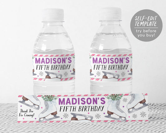 Ice Skating Water Bottle Labels Editable Template