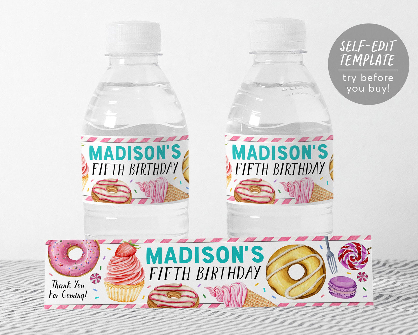 Sweet One Water Bottle Labels Editable Template