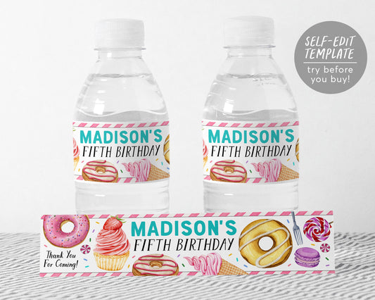 Sweet One Water Bottle Labels Editable Template