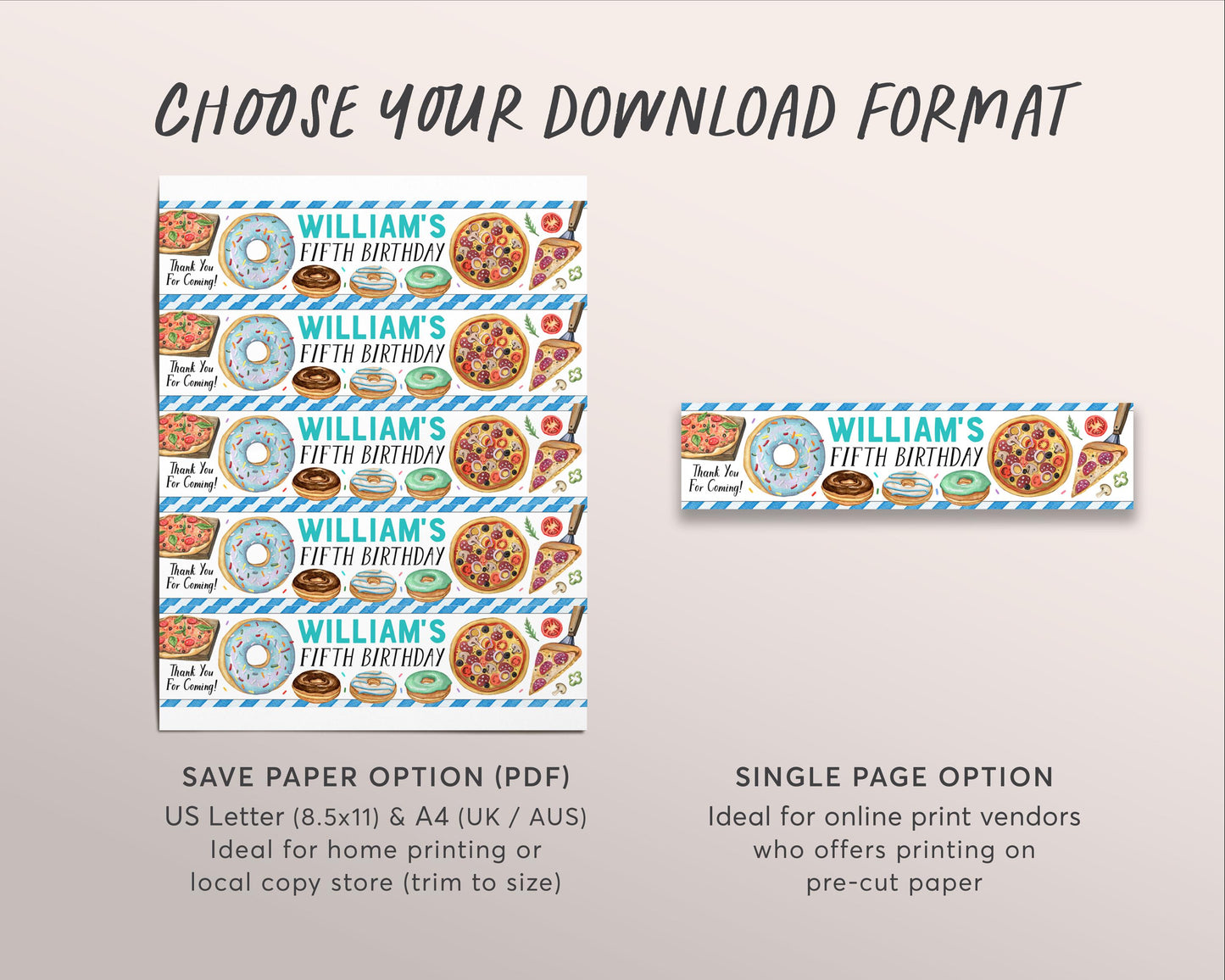 Pizza and Donuts Water Bottle Labels Editable Template, Donut And Pizza Birthday Party Bottle Wrapper Drink Tags, Pizzeria Pizza Bottle Wrap