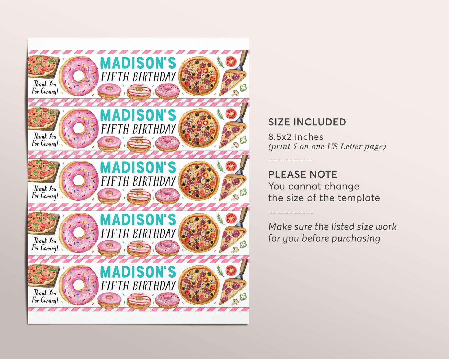 Pizza and Donuts Water Bottle Labels Editable Template, Donut And Pizza Birthday Party Bottle Wrapper Drink Tags, Pizzeria Pizza Bottle Wrap