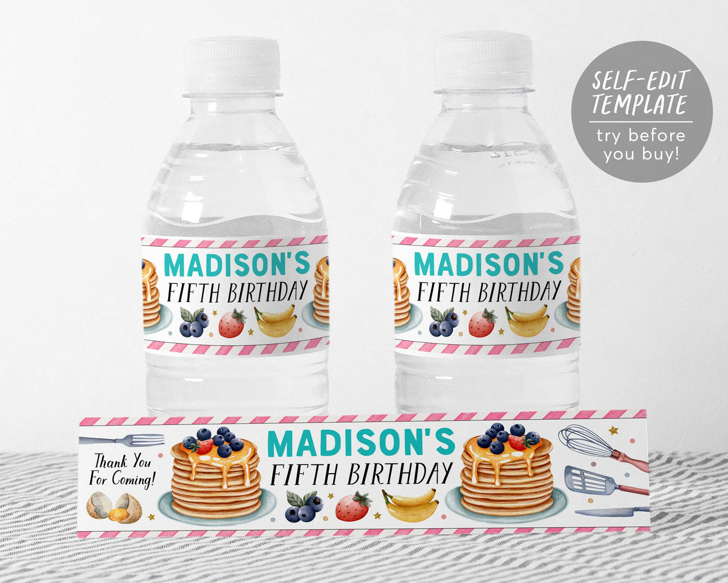 Pancakes and Pajamas Water Bottle Labels Editable Template