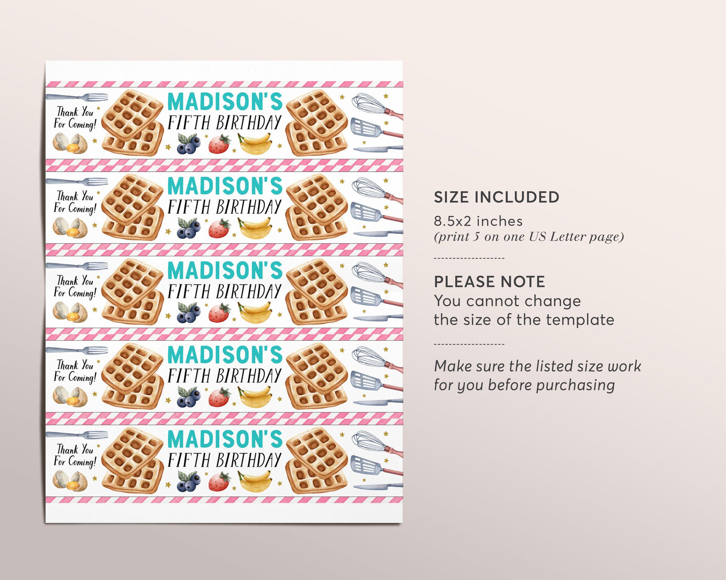 Waffles and Pajamas Water Bottle Labels Editable Template, Girl Waffle Brunch Breakfast Birthday Party Bottle Wrapper Drink Tags Bottle Wrap