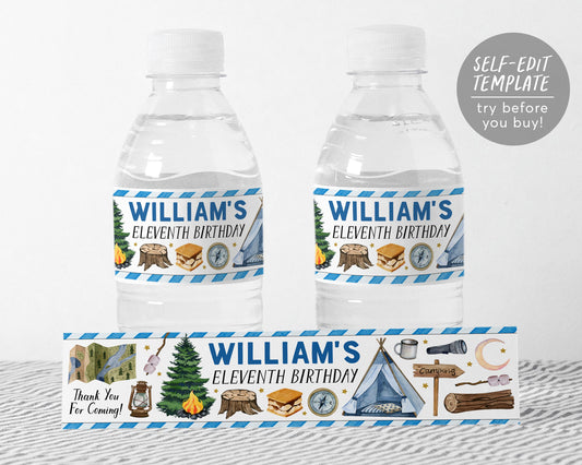 Camping Party Water Bottle Labels Editable Template