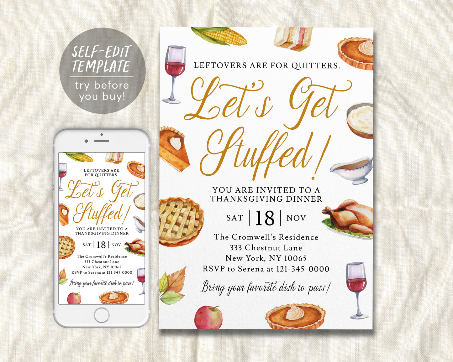 Let's Get Stuffed Thanksgiving Invitation Editable Template, Funny Friendsgiving Dinner Party Potluck Feast Invite, Evite Fall Holiday Pie