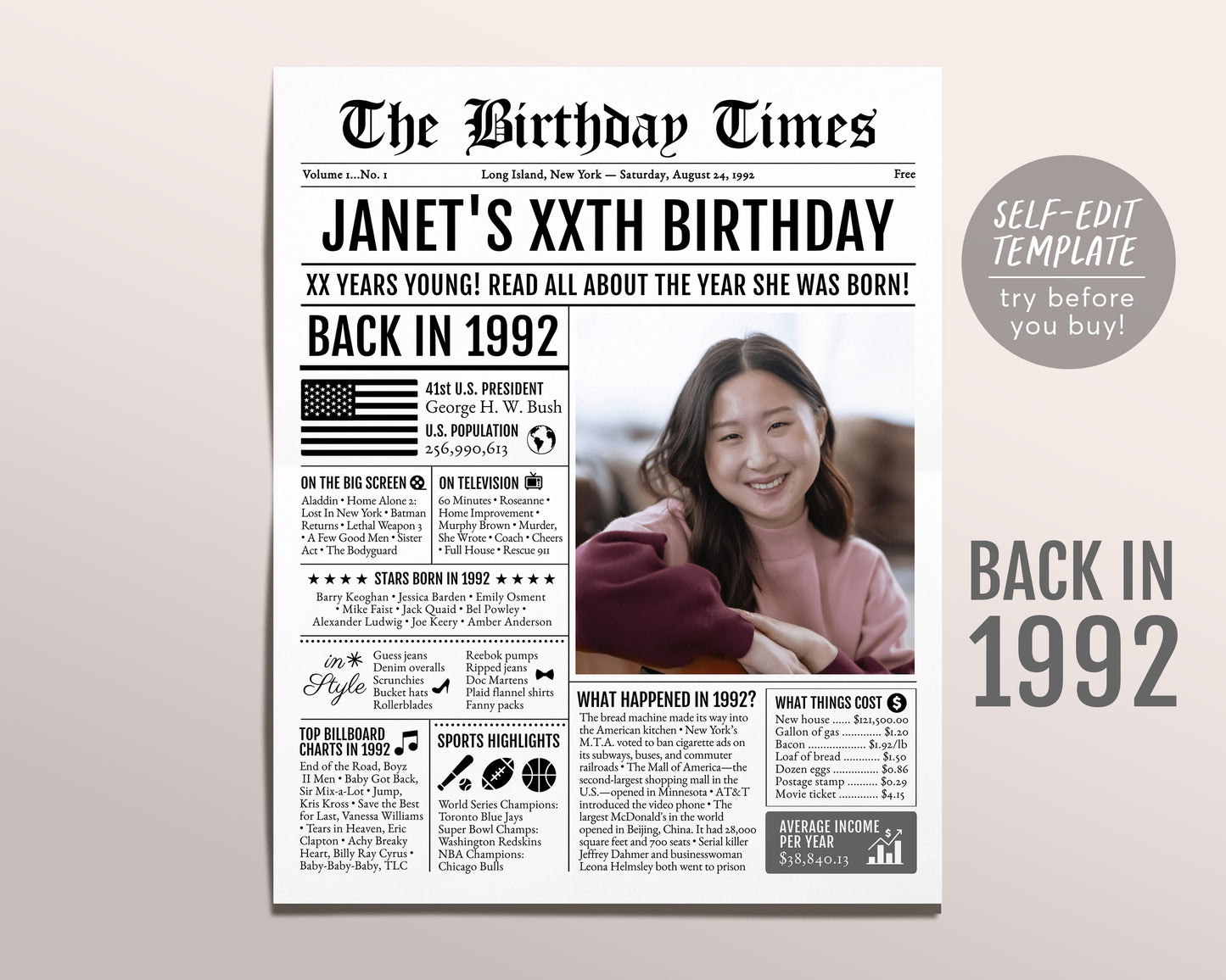 Back in 1992 Birthday Newspaper Editable Template, 31 32 33 Years Ago, 31st 32nd 33rd Birthday Sign Decorations Decor for Men or Women