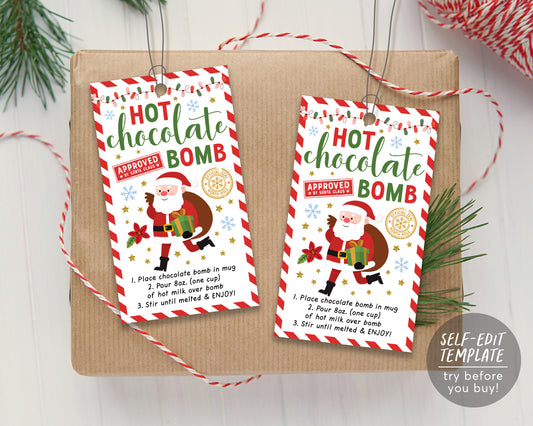 Christmas Hot Chocolate Bomb Tag Editable Template, Santa Hot Cocoa Bomb Tags Sticker Labels Printable, Christmas Party Favor Download