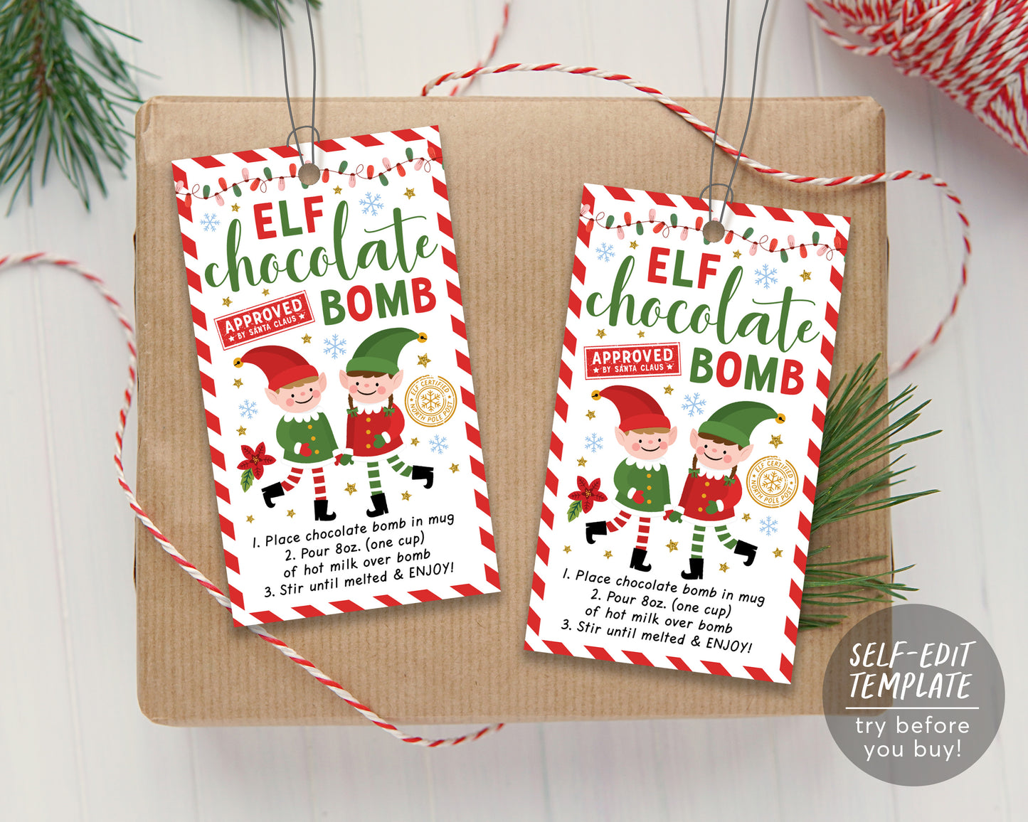 Elf Hot Chocolate Bomb Tags Editable Template, Elves Hot Cocoa Bomb Instructions Favor Tags, Kids Christmas Party, You're The Bomb