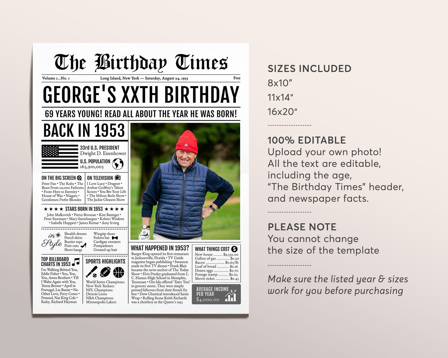 Back in 1953 Birthday Newspaper Editable Template, 70 71 72 Years Ago, 70th 71st 72nd Birthday Sign Decorations Decor for Men or Women