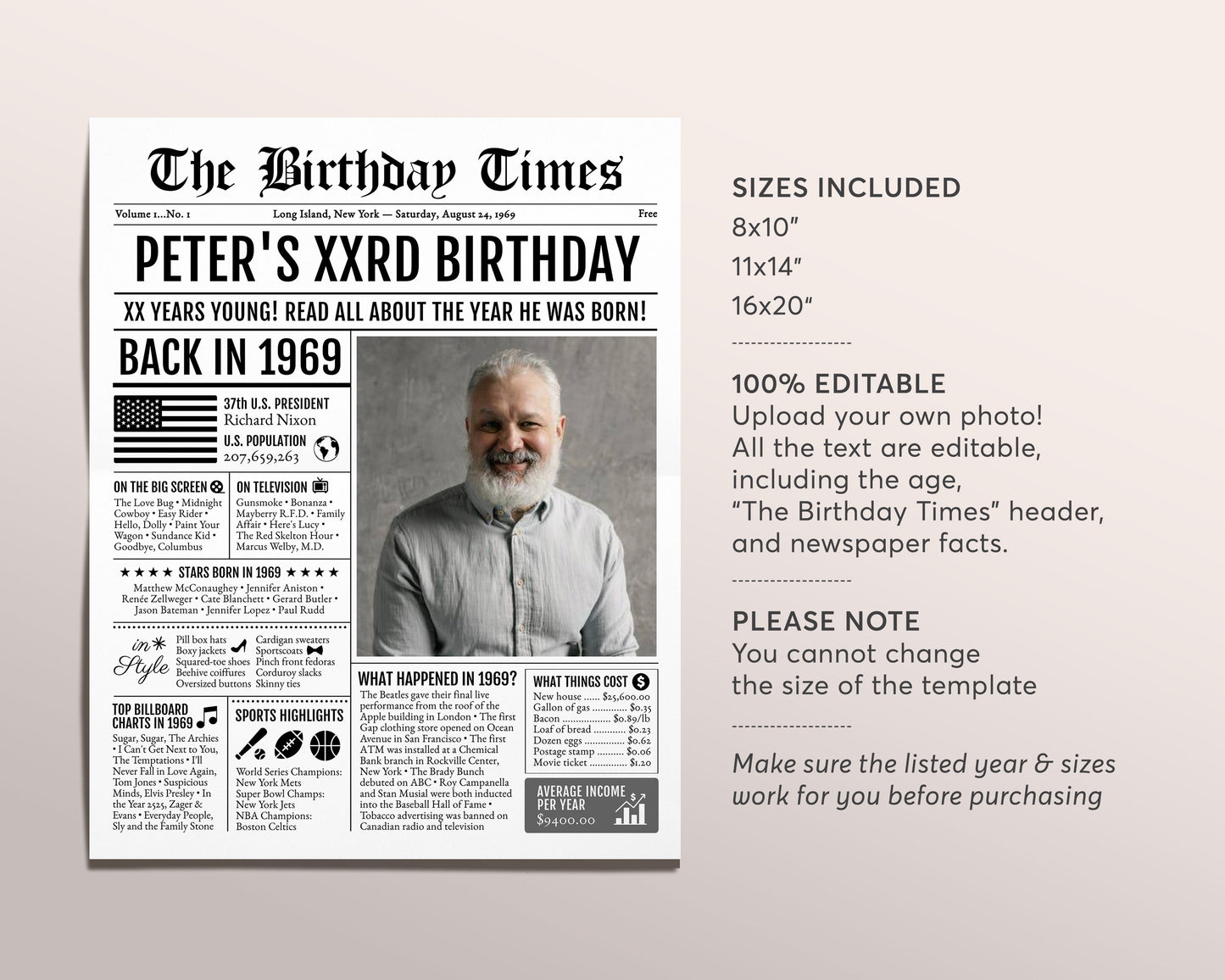 Back in 1969 Birthday Newspaper Editable Template, 54 55 56 Years Ago, 54th 55th 56th Birthday Sign Decorations Decor for Men or Women