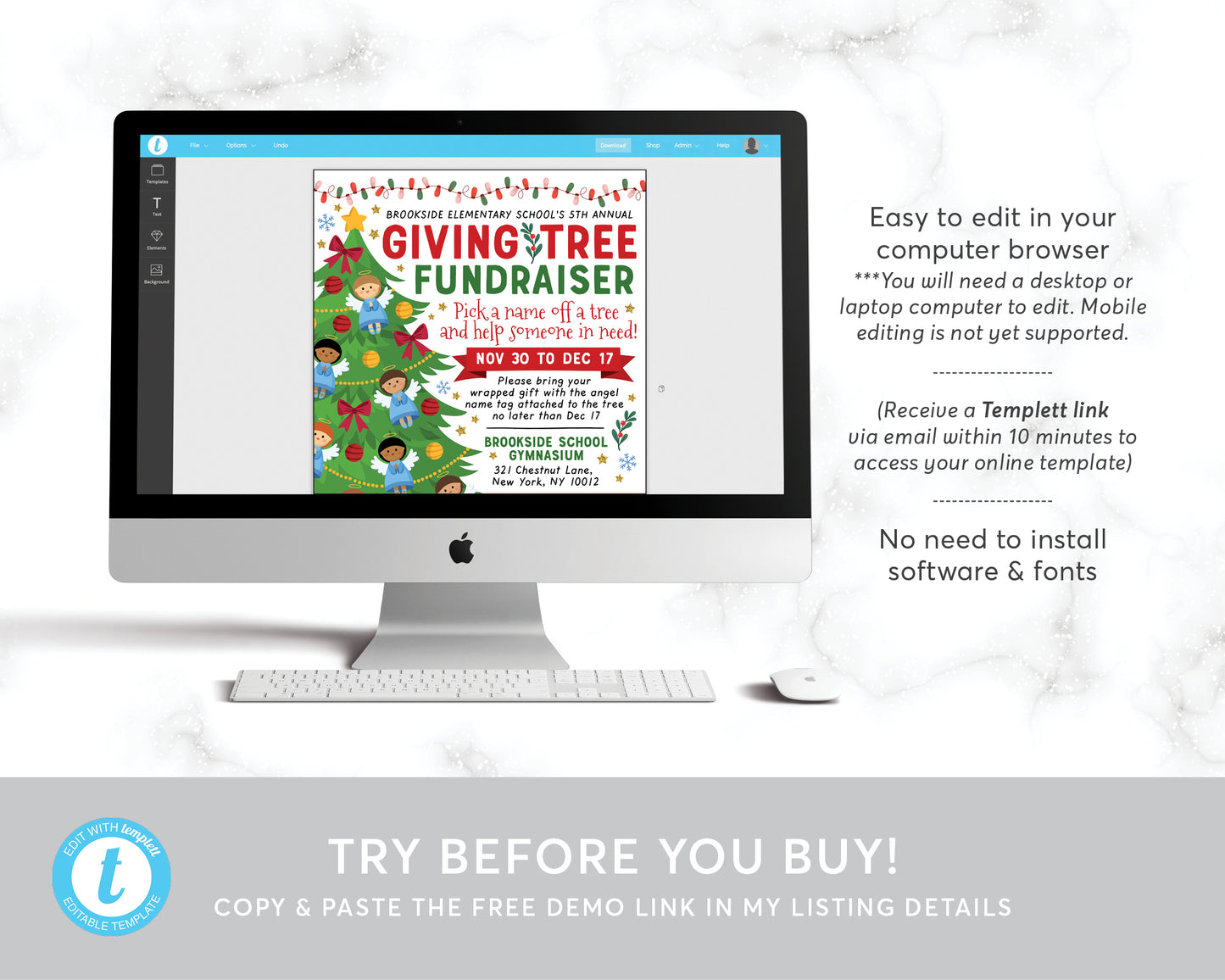 Christmas Giving Tree With Angels Fundraiser Flyer Editable Template, Charity Nonprofit Toy Drive Community Xmas Event Church School PTO PTA