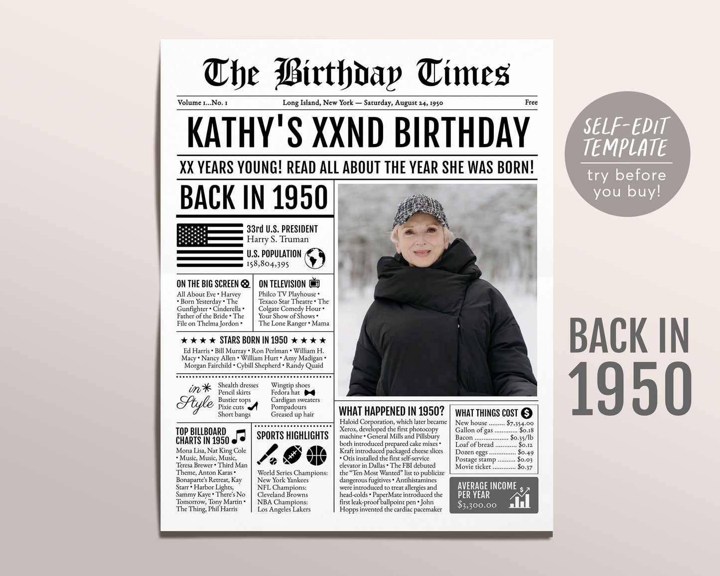 Back in 1950 Birthday Newspaper Editable Template, 73 74 75 Years Ago, 73rd 74th 75th Birthday Sign Decorations Decor for Men or Women