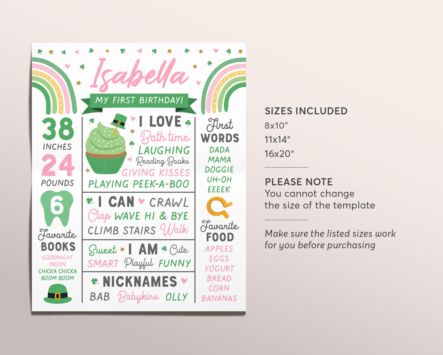 St. Patrick's Day Milestone First Birthday Sign GIRL Editable Template, Shamrock Party 1st Birthday Stats Poster, St Pattys Day Printable