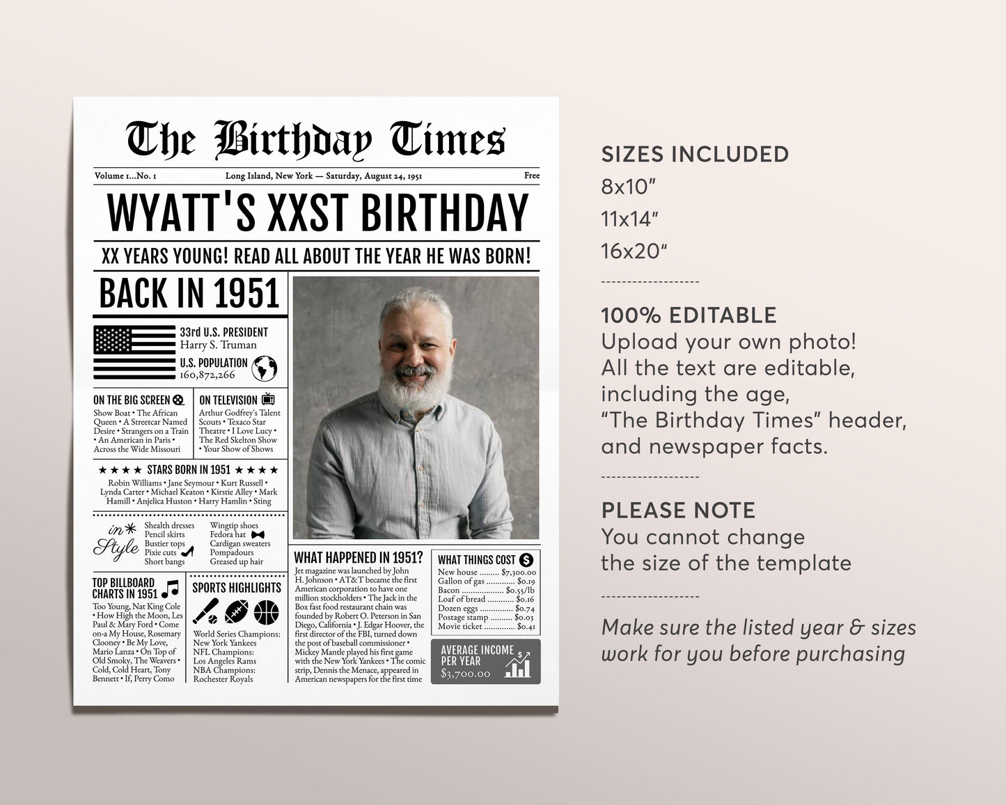Back in 1951 Birthday Newspaper Editable Template, 72 73 74 Years Ago, 72nd 73rd 74th Birthday Sign Decorations Decor for Men or Women