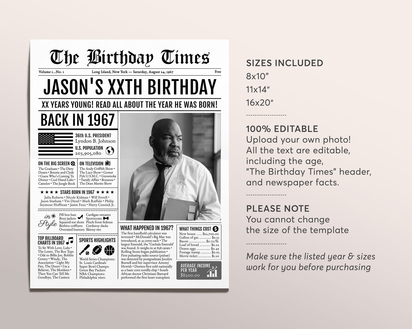 Back in 1967 Birthday Newspaper Editable Template, 56 57 58 Years Ago, 56th 57th 58th Birthday Sign Decorations Decor for Men or Women