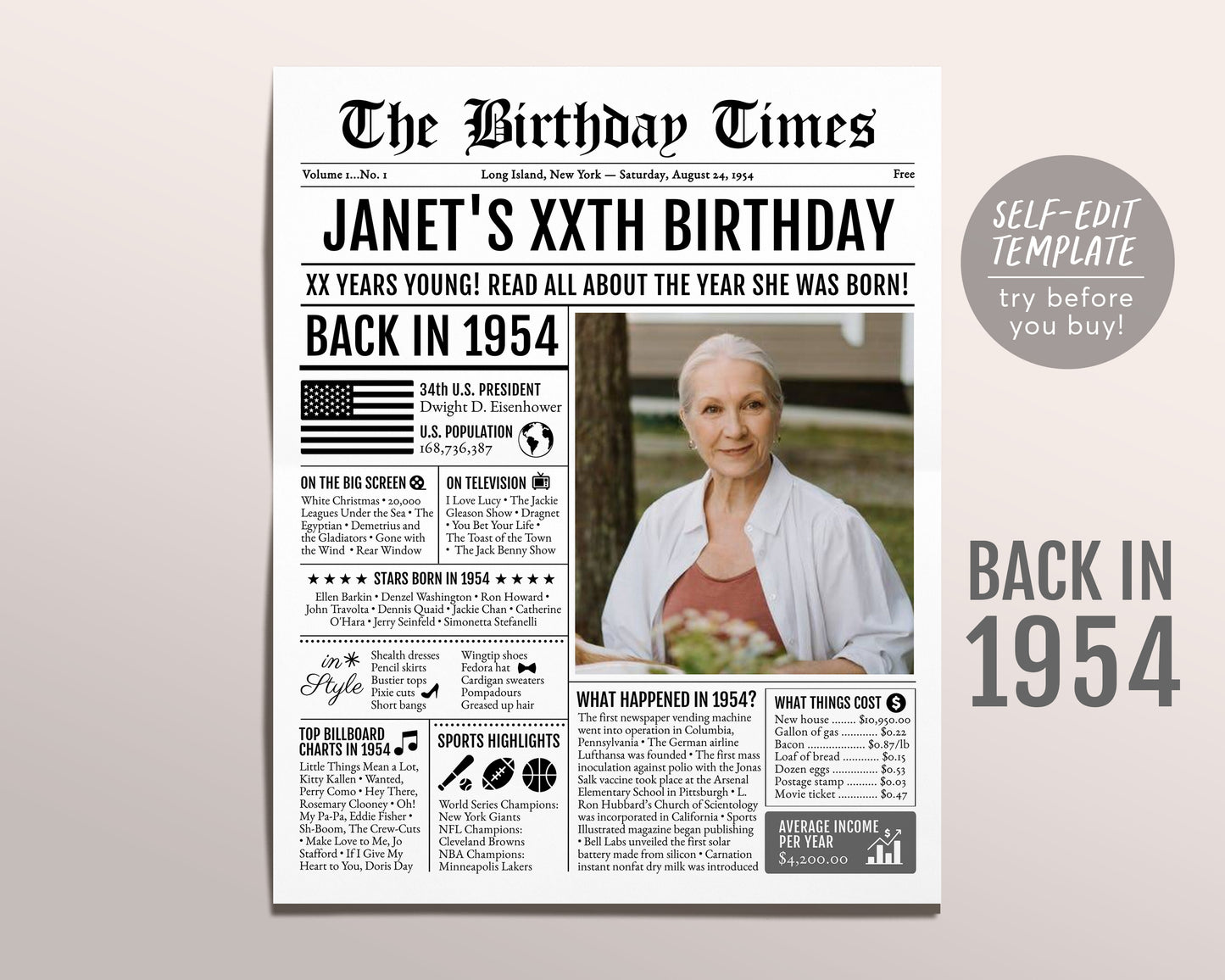 Back in 1954 Birthday Newspaper Editable Template, 69 70 71 Years Ago, 69th 70th 71st Birthday Sign Decorations Decor for Men or Women