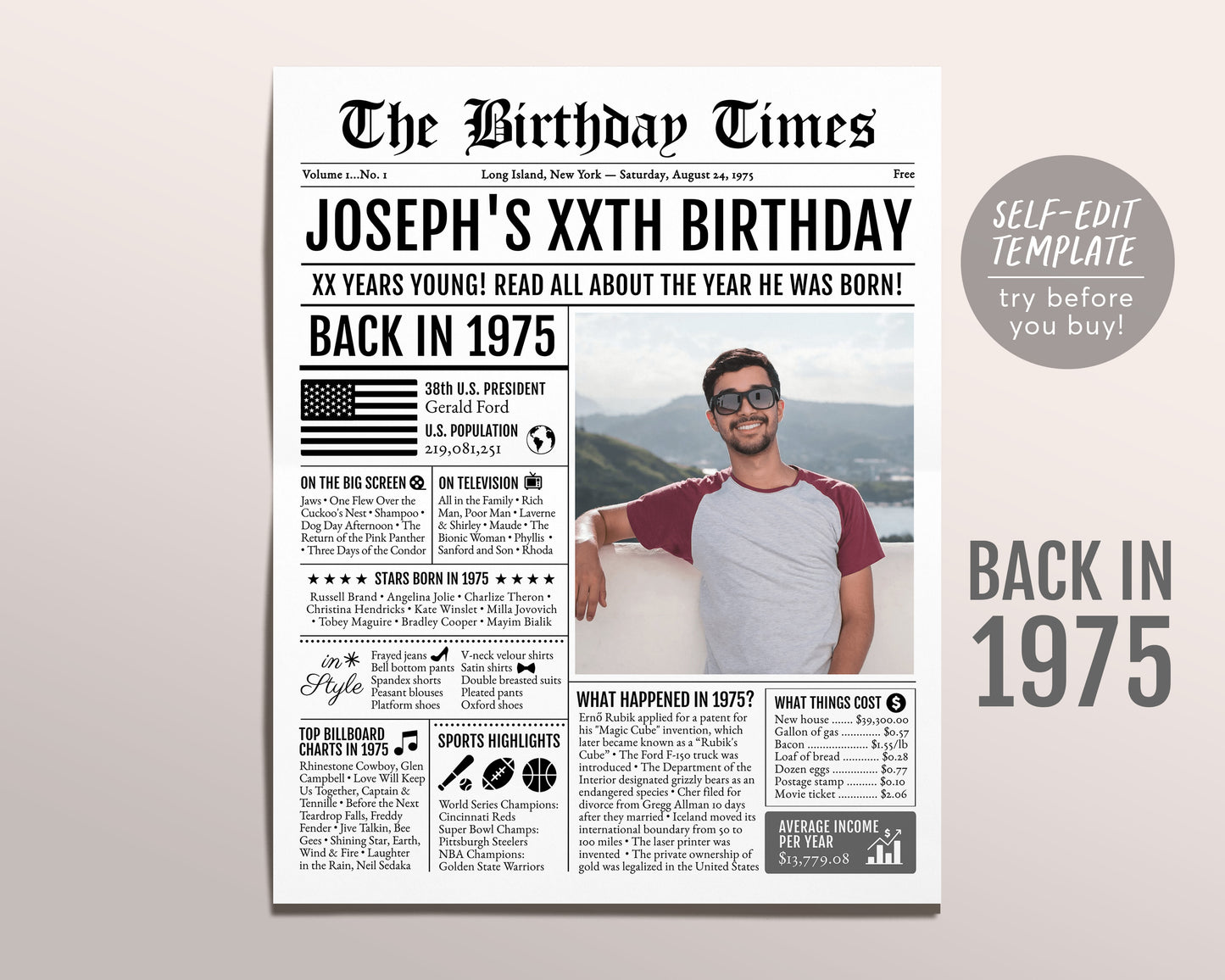 Back in 1975 Birthday Newspaper Editable Template, 48 49 50 Years Ago, 48th 49th 50th Birthday Sign Decorations Decor for Men or Women