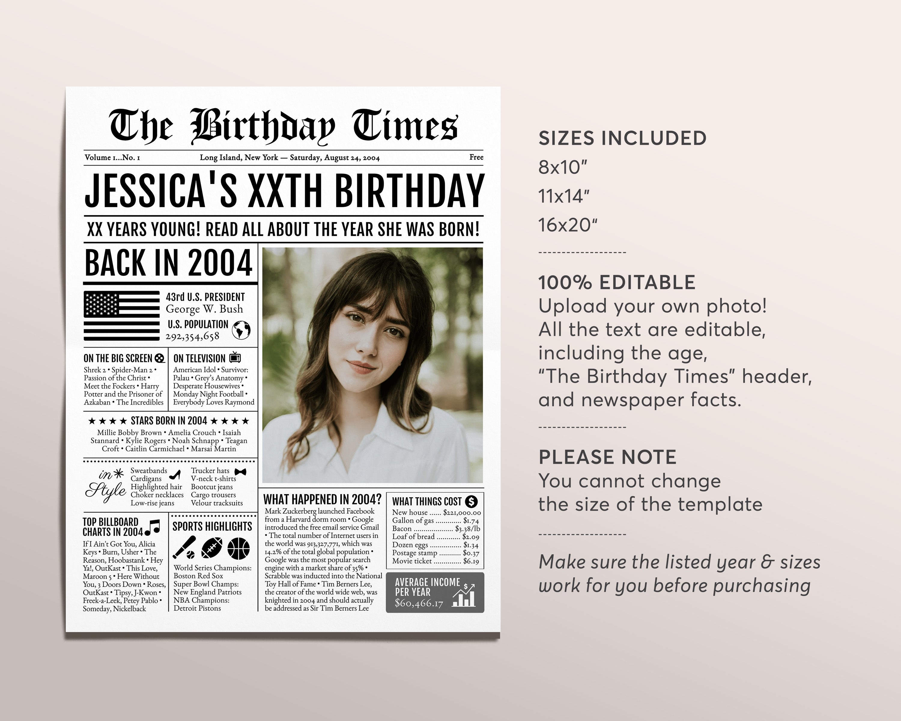 Back in 2004 Birthday Newspaper Editable Template, 19 20 21 Years