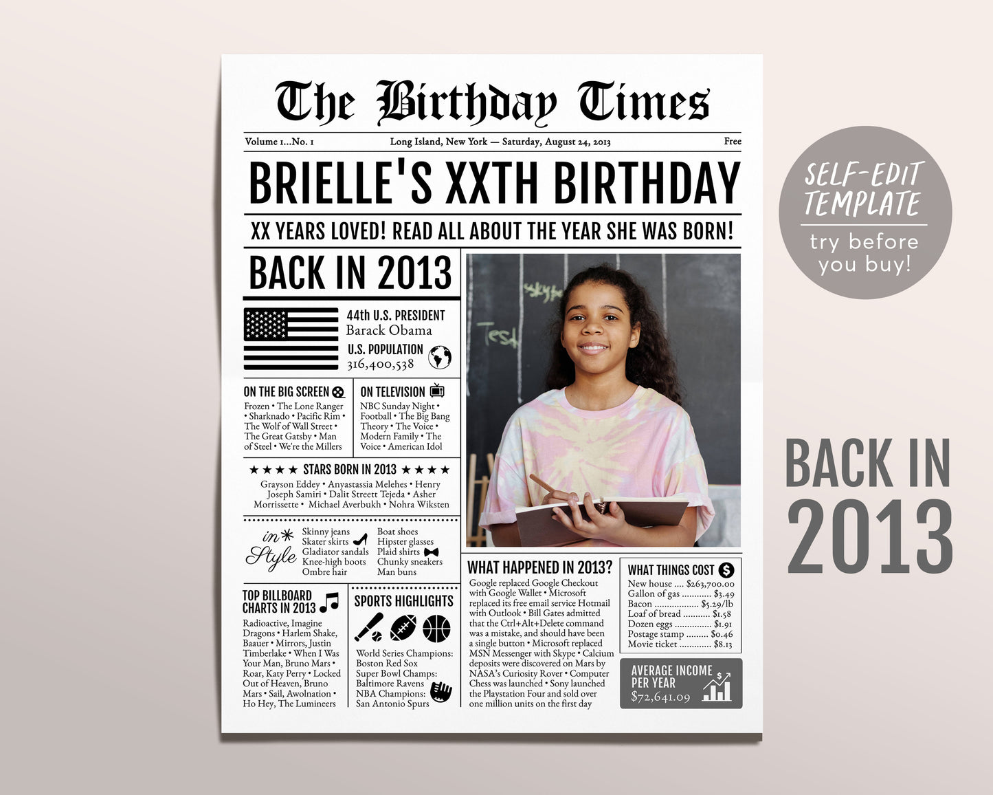 Back in 2013 Birthday Newspaper Editable Template, 10 11 12 Years Ago, 10th 11th 12th Birthday Sign Decorations Decor for Men or Women