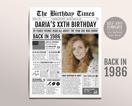 Back in 1986 Birthday Newspaper Editable Template, 37 38 39 Years Ago, 37th 38th 39th Birthday Sign Decorations Decor for Men or Women