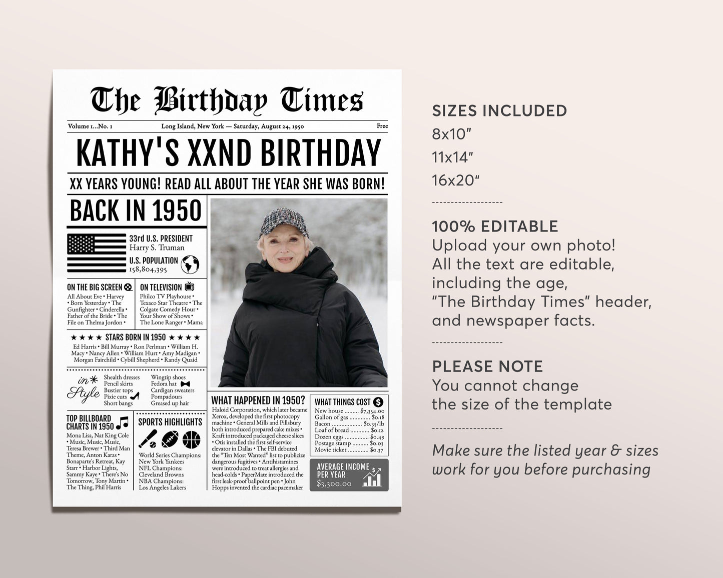 Back in 1950 Birthday Newspaper Editable Template, 73 74 75 Years Ago, 73rd 74th 75th Birthday Sign Decorations Decor for Men or Women