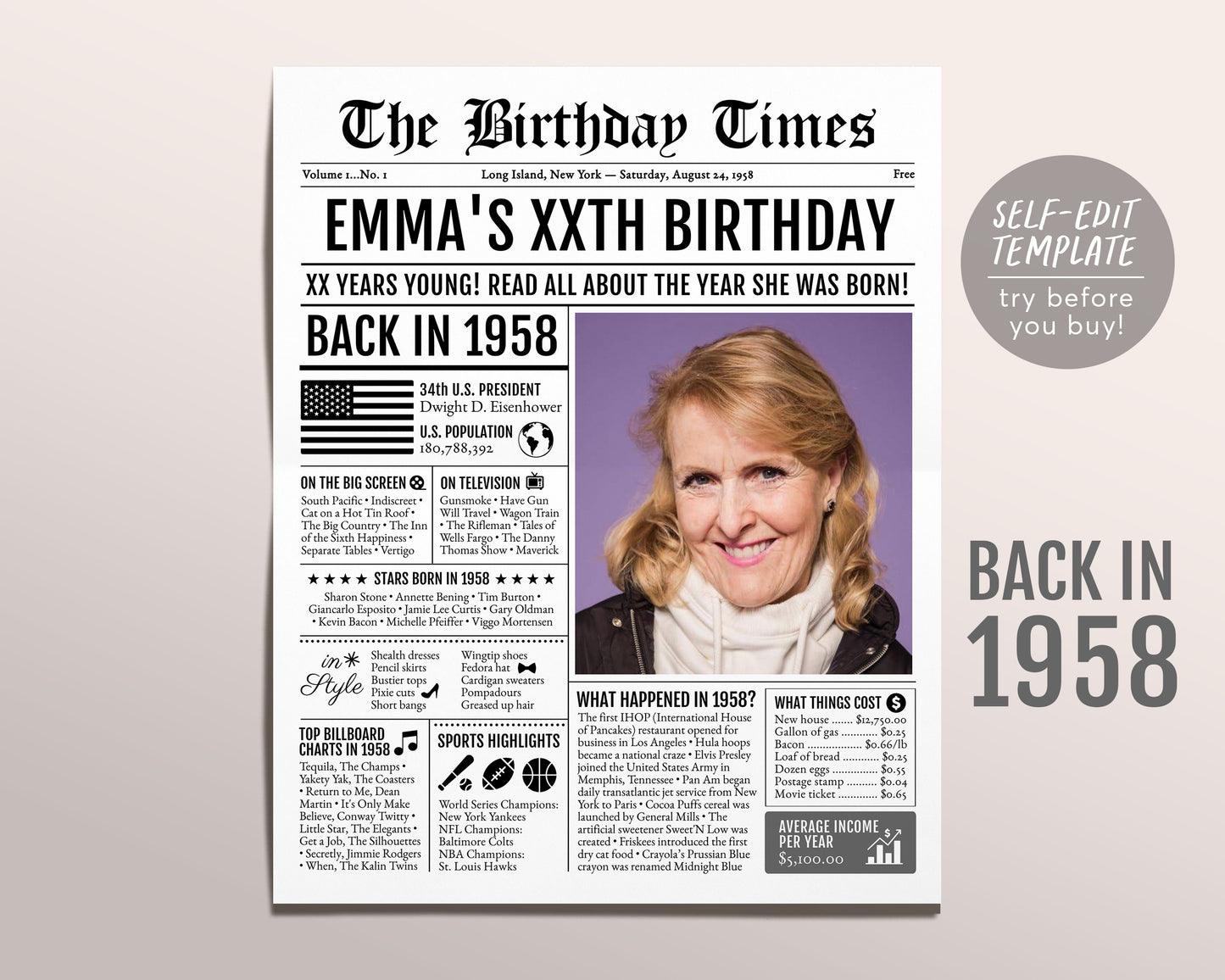 Back in 1958 Birthday Newspaper Editable Template, 65 66 67 Years Ago, 65th 66th 67th Birthday Sign Decorations Decor for Men or Women