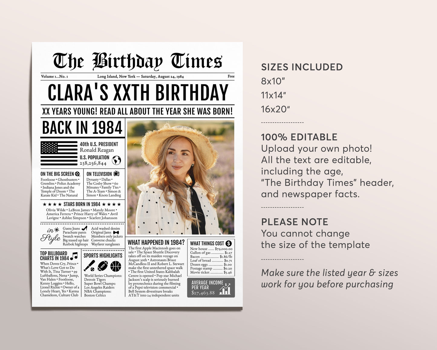 Back in 1984 Birthday Newspaper Editable Template, 39 40 41 Years Ago, 39th 40th 41st Birthday Sign Decorations Decor for Men or Women