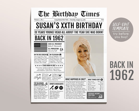 Back in 1962 Birthday Newspaper Editable Template, 61 62 63 Years Ago, 61st 62nd 63rd Birthday Sign Decorations Decor for Men or Women