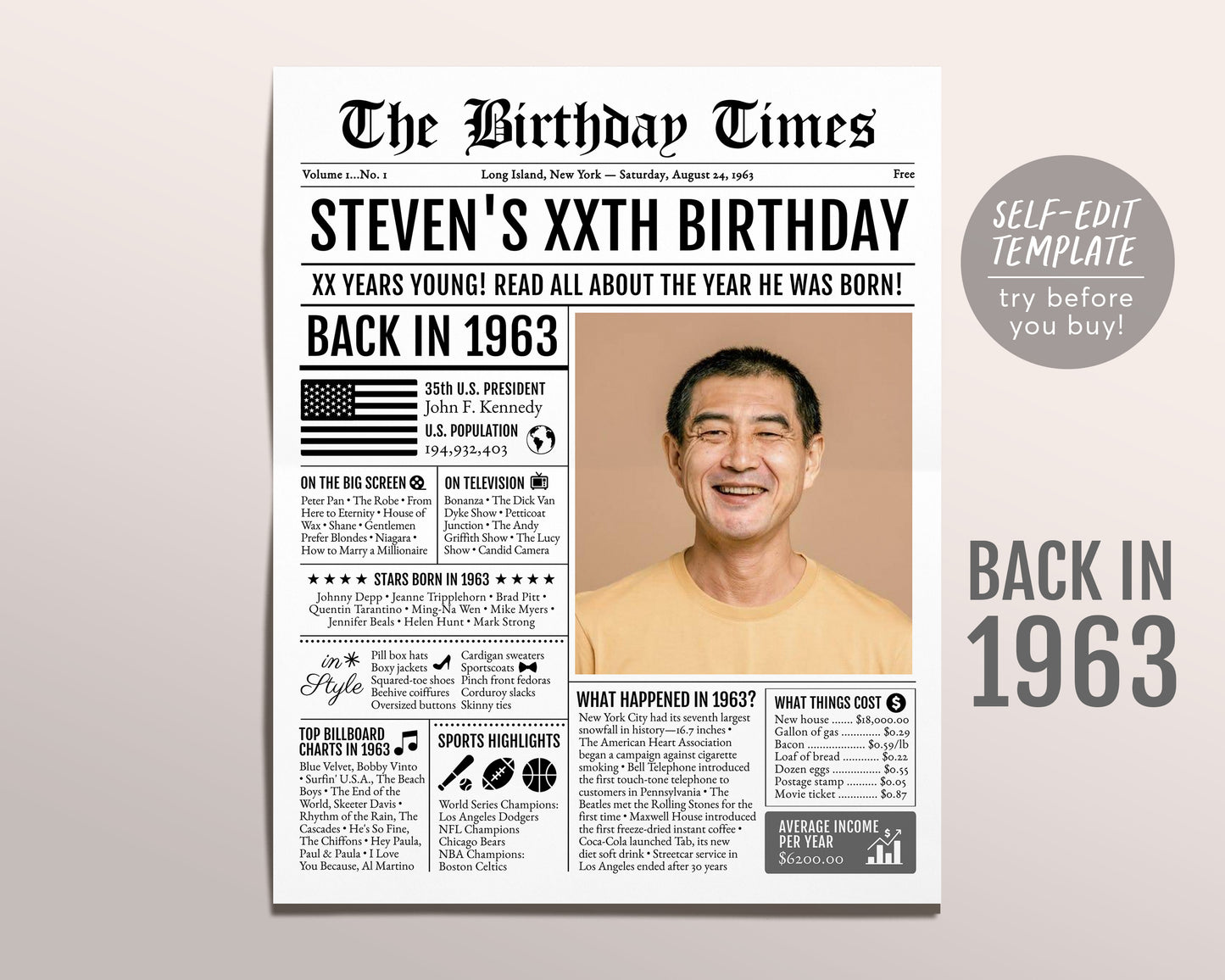 Back in 1963 Birthday Newspaper Editable Template, 60 61 62 Years Ago, 60th 61st 62nd Birthday Sign Decorations Decor for Men or Women
